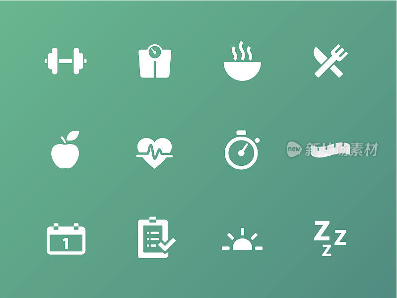 Fitness icons on green background.